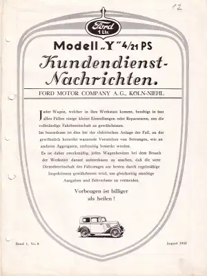 Ford Kundendienst Nachrichten Mod. Y Bd.1 No.8 8/1933