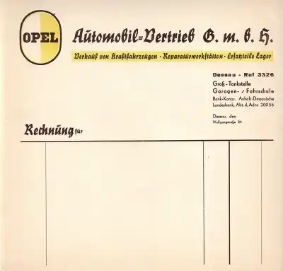 Opel Brief eines Dessauer Händlers 1930er Jahre