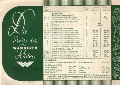 Wanderer Fahrrad Preisliste 10.1938