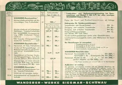 Wanderer Fahrrad Preisliste 10.1938