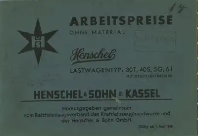 Henschel 30T 40S 5G 6J Arbeitspreise 1940