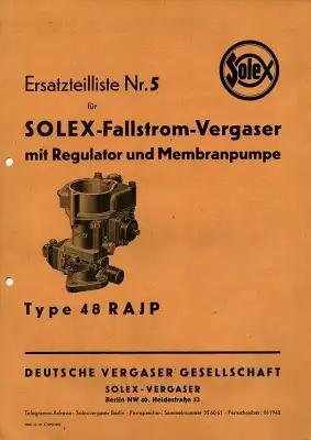 Solex Vergaser Typ 48 RAJP Ersatzteilliste 1944