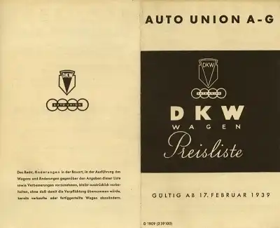 DKW Pkw Preisliste 2.1939