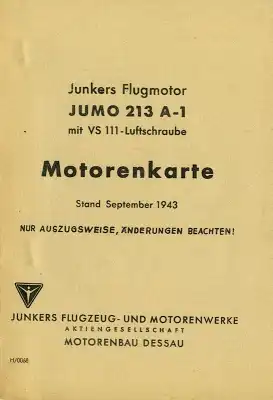 Junkers Jumo 213 A-1 Motorenkarte 9.1943