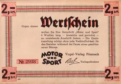 Ansichtskarte Motor & Sport Wertschein 1930er Jahre