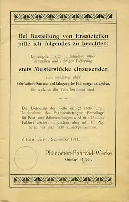 Phänomen Phänomobil Ersatzteilliste 1911