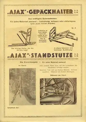 Ajax Motorrad Gepäckhalter und Standstütze Prospekt 1930er Jahre