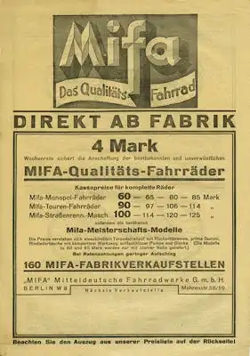 Mifa Fahrrad Prospekt 1930er Jahre