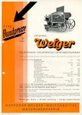 Welger BUNTPRESSE Strohpressen Prospekt 1937