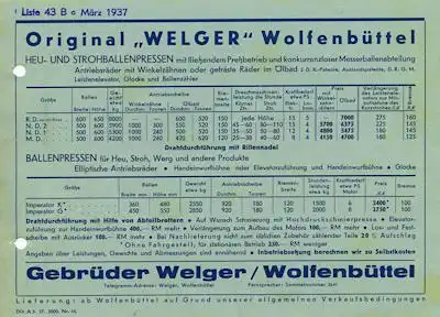 Welger 2 Preislisten 1937