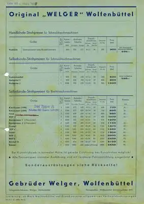 Welger 2 Preislisten 1937