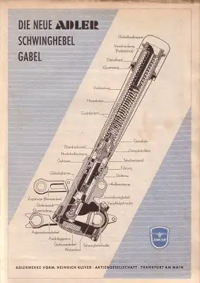 Adler Motorrad Schwinghebel Gabel Prospekt 1954