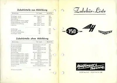 Heinkel 150 ccm Zubehör-Liste ca. 1962