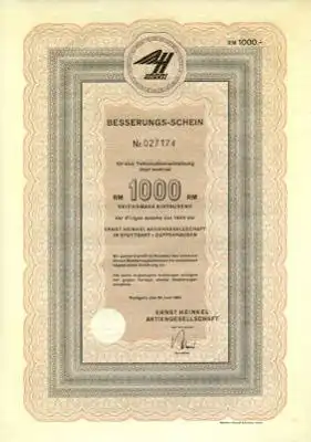 Heinkel Besserungs-Schein über 1000.- RM 1962