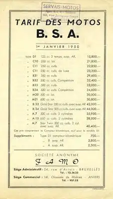 BSA belgische Preisliste 1950