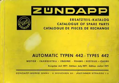 Zündapp Mofa Automatic Typen 442 Ersatzteilliste 7.1971