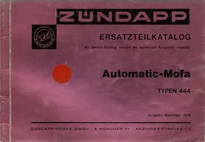 Zündapp Mofa Automatic Typen 444 Ersatzteilliste 12.1975