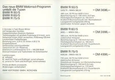 BMW Preisliste 8.1969