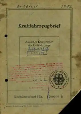 Gutbrod Superior Original Fahrzeugbrief 1952