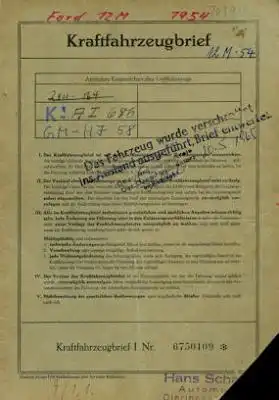 Ford Taunus 12 M Original Fahrzeugbrief 1954