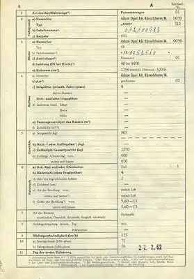 Opel Rekord P 1 Original Fahrzeugbrief 1962 1200 cm