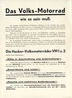 Hecker VM 1 und 2 Prospekt ca. 1932