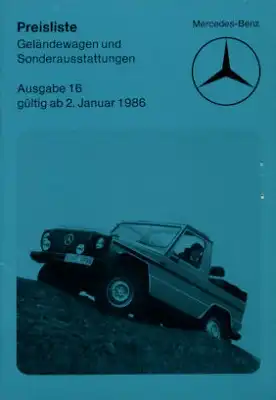 Mercedes-Benz Preisliste G und Sonderausstattung 1986