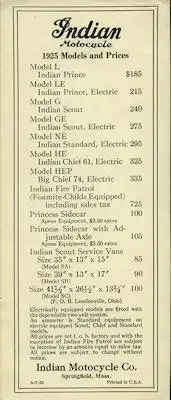Indian Preisliste 1925