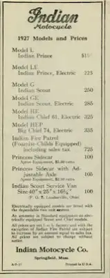 Indian Preisliste 1927
