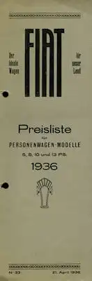 Fiat Preisliste Schweiz Nr. 33 1936