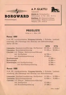 Borgward Preisliste Schweiz 1953