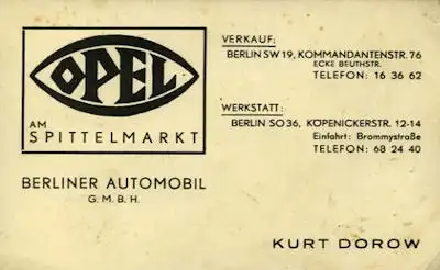 Opel Händler Visitenkarte 1930er Jahre