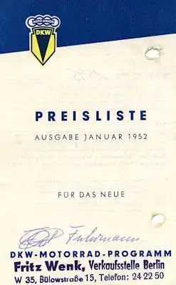 DKW Preisliste 1.1952