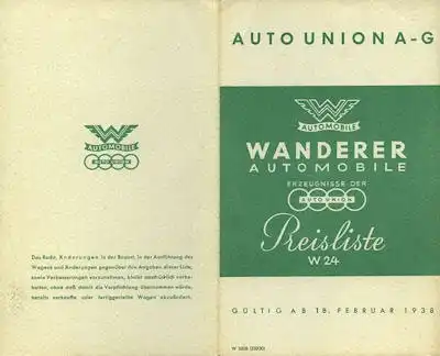 Wanderer W 24 Preisliste 2.1938