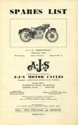 AJS 500 cc OHV Ersatzteilliste 1952