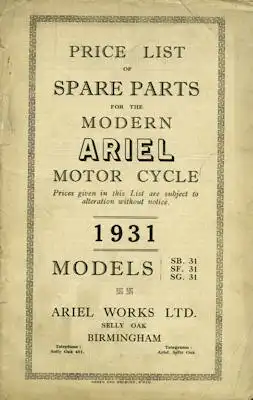 Ariel SB SF SG 31 Ersatzteilliste 1931