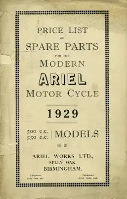 Ariel 500 550 cc Ersatzteilliste 1929