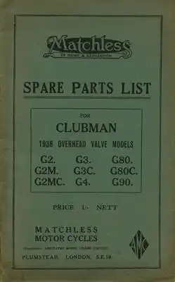 Matchless 1938 Clubman Overhead valve Models Ersatzteilliste