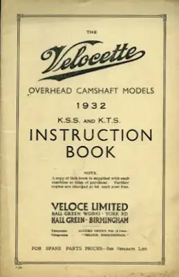 Velocette K.S.S. + K.T.S. Bedienungsanleitung 1932