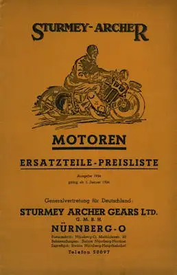 Sturmey-Archer Motoren und Getriebe Ersatzteilpreisliste 1934
