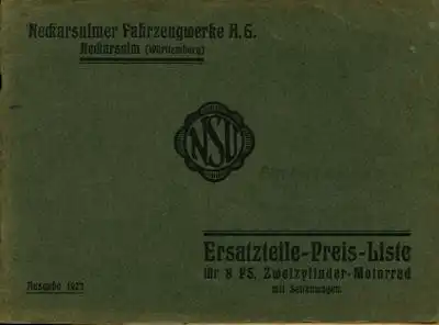 NSU 8 PS Ersatzteilliste 1923