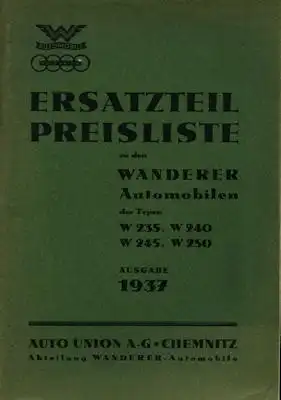 Wanderer W 235 240 245 250 Ersatzteil-Preisliste 1937