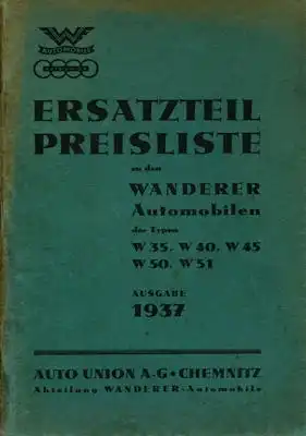 Wanderer W 35 40 45 50 51 Ersatzteil-Preisliste 1937