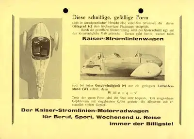 Kaiser Stromlinien Motorradwagen Prospekt ca. 1935