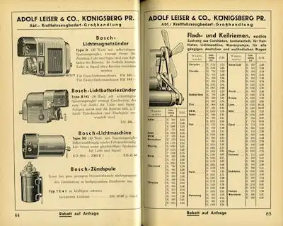 Adolf Leiser & Co Königsberg / Pr. Katalog Kraftfahrzeug Bedarf 1930er Jahre