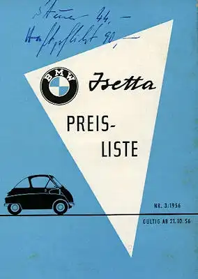 BMW Isetta Preisliste 1957