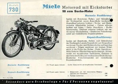 Miele Motorrad mit Kickstarter Prospekt 1952