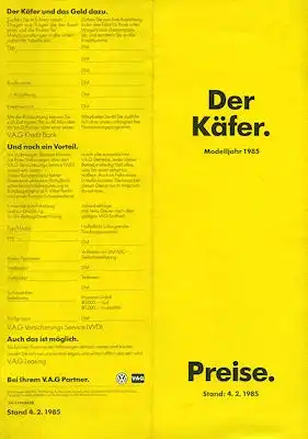 VW Käfer Preisliste 1985
