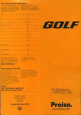 VW Golf Preisliste 1976
