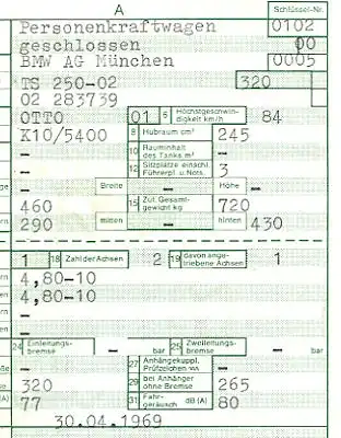 BMW-Glas Goggo T 250-02 Original Fahrzeugbrief 1969/1980